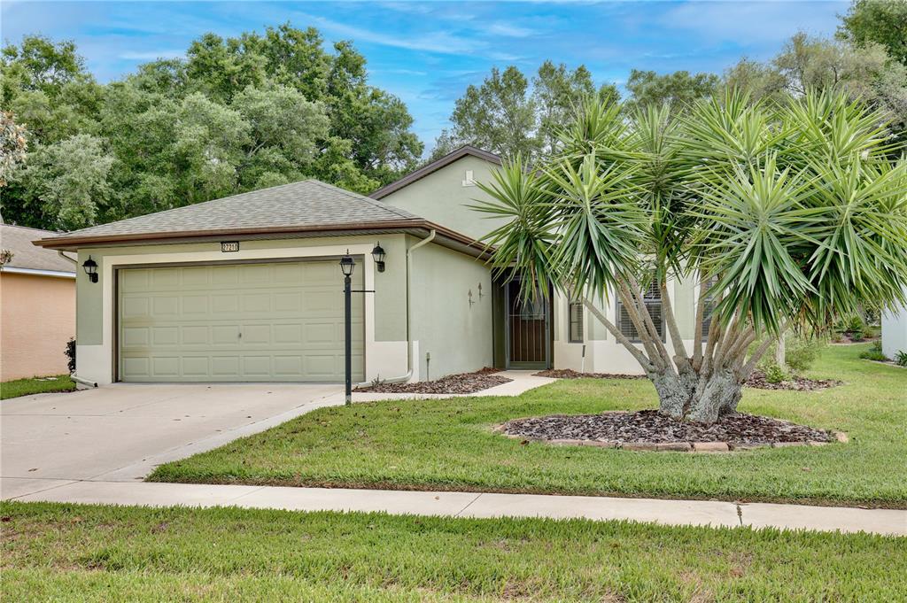A single-story house with a green garage door, light-colored stucco walls, and a large palm tree — 27210 STONEY BROOK DRIVE, LEESBURG, FL