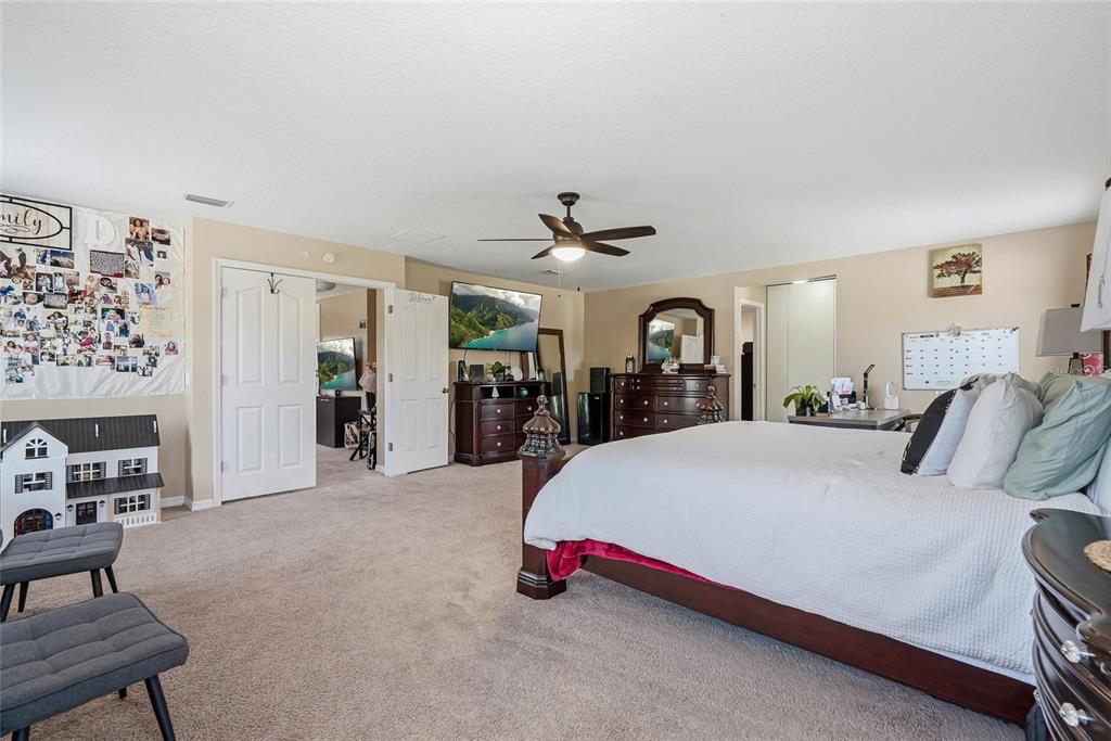 A spacious bedroom features a large bed, carpeted floors, a ceiling fan, and wall decor — 5213 PRAIRIE VIEW WAY, WESLEY CHAPEL, FL