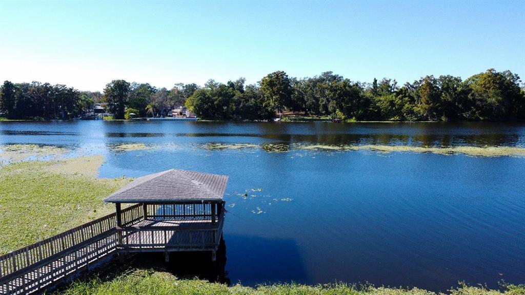 A wooden gazebo sits on a dock extending into a lake with lily pads — 4148 DOLPHIN DRIVE UNIT 3, TAMPA, FL
