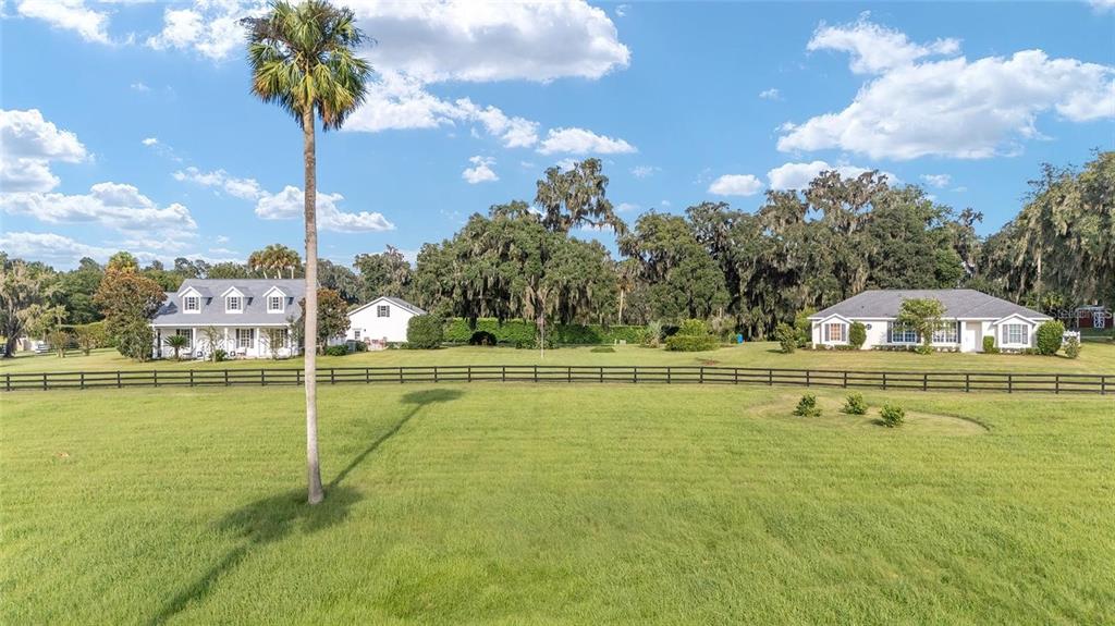 A large grassy field with a palm tree and two houses behind a fence — 7137 & 7141 S MAGNOLIA AVENUE, OCALA, FL