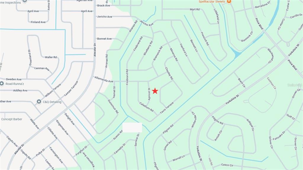 This image is a map showing residential streets and neighborhood roads — APRICOT STREET, NORTH PORT, FL