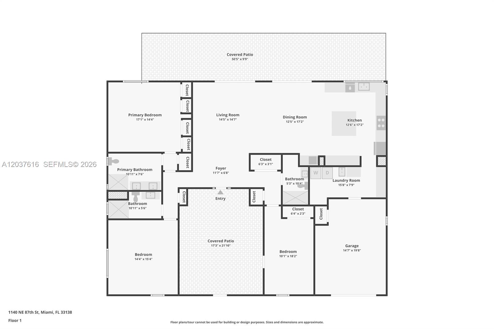 This is a floor plan for a single-story house with a garage and covered patios — 1140 NE 87th St, Miami FL 33138, MIAMI, FL