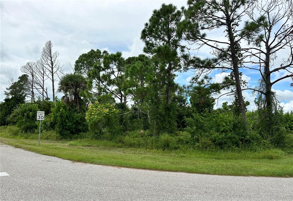 A speed limit sign stands beside a wooded lot along a paved road — 11120 CORRIGAN AVENUE, ENGLEWOOD, FL