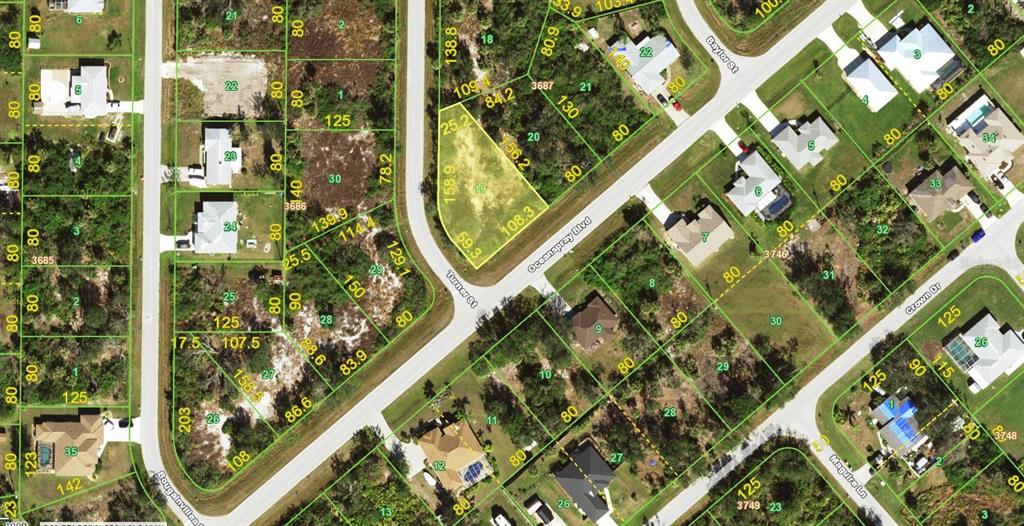 This is an aerial map showing residential lots, streets, and existing houses in a neighborhood — 11204 OCEANSPRAY BOULEVARD, ENGLEWOOD, FL