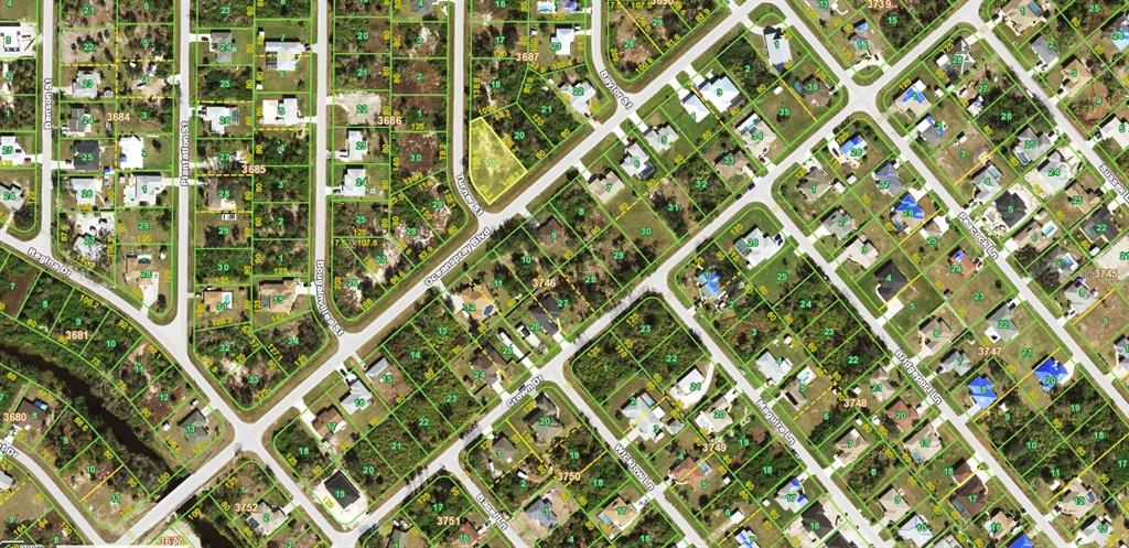This is an aerial map showing residential lots and streets in a suburban neighborhood — 11204 OCEANSPRAY BOULEVARD, ENGLEWOOD, FL