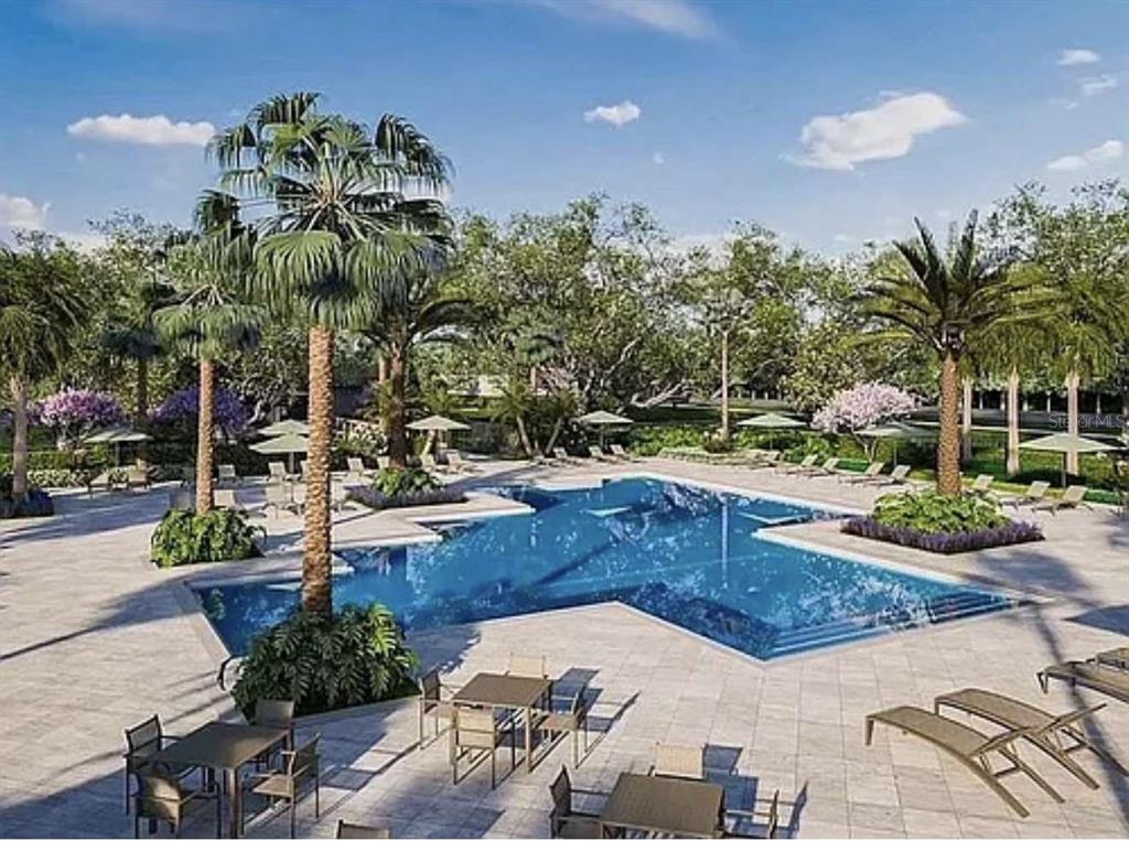 This is a digital rendering of a resort-style swimming pool surrounded by palm trees and furniture — 5134 ARROWFEATHER COURT UNIT A, ST CLOUD, FL