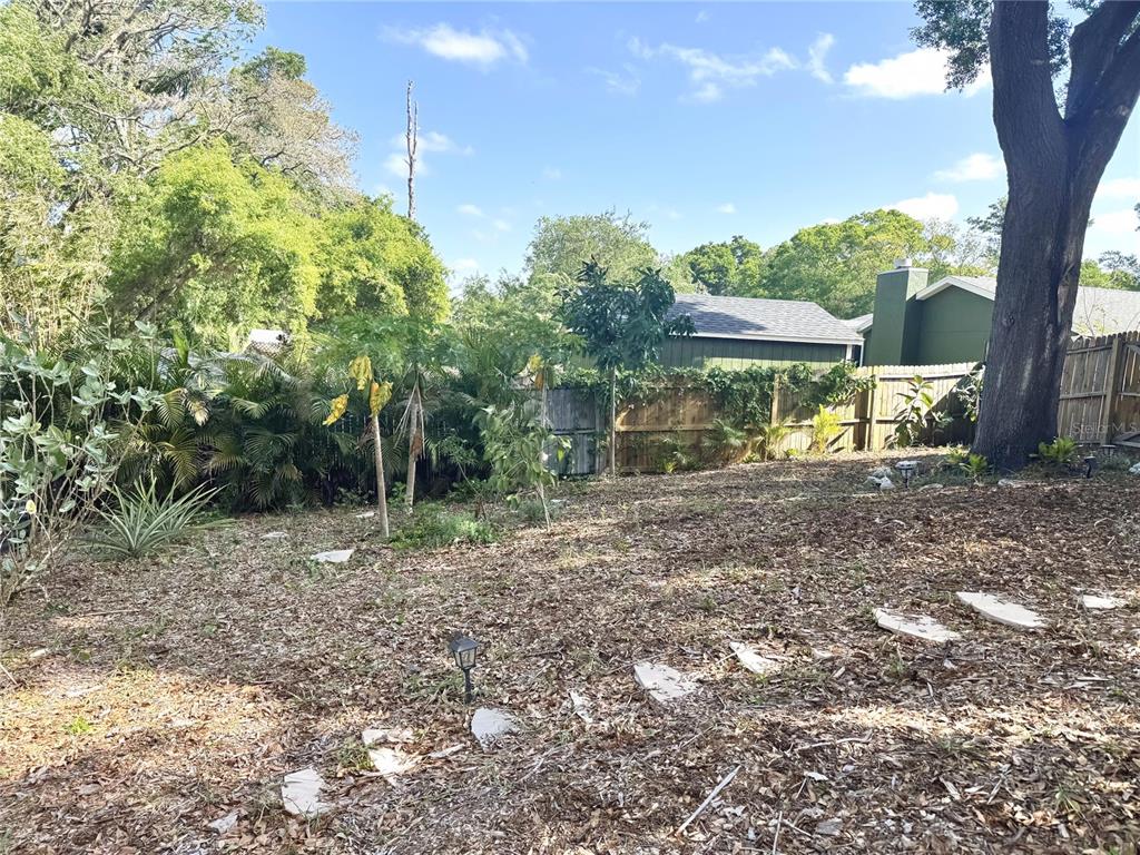 A backyard features a wooden fence, scattered stone pavers, and various trees and shrubs — 2098 BRENT PLACE, PALM HARBOR, FL