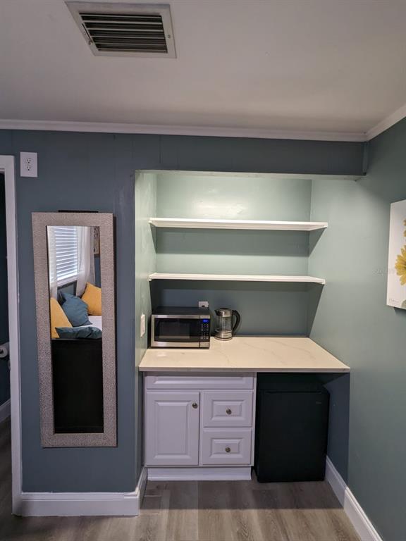 A kitchenette area features white cabinets, a microwave, a kettle, and two open shelves — 4538 W MINNEHAHA STREET UNIT C, TAMPA, FL