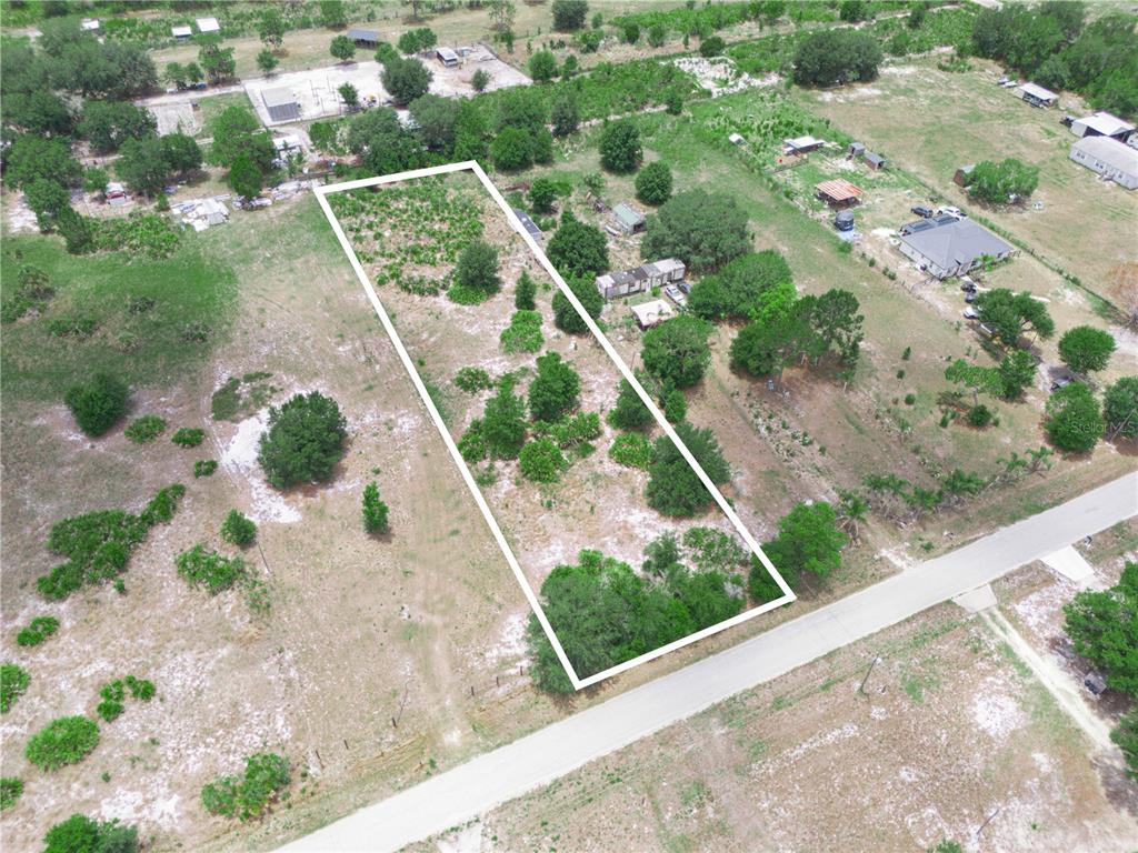 An aerial view shows a rectangular plot of land outlined in white along a road — OAKRIDGE DRIVE, FROSTPROOF, FL