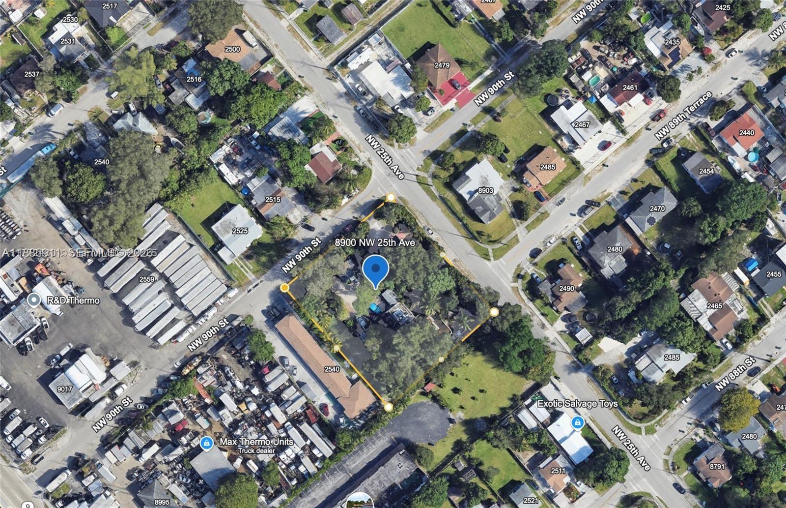 This is an aerial map view of a residential property lot in a suburban neighborhood — 8900 NW 25th Ave, Miami FL 33147, MIAMI, FL