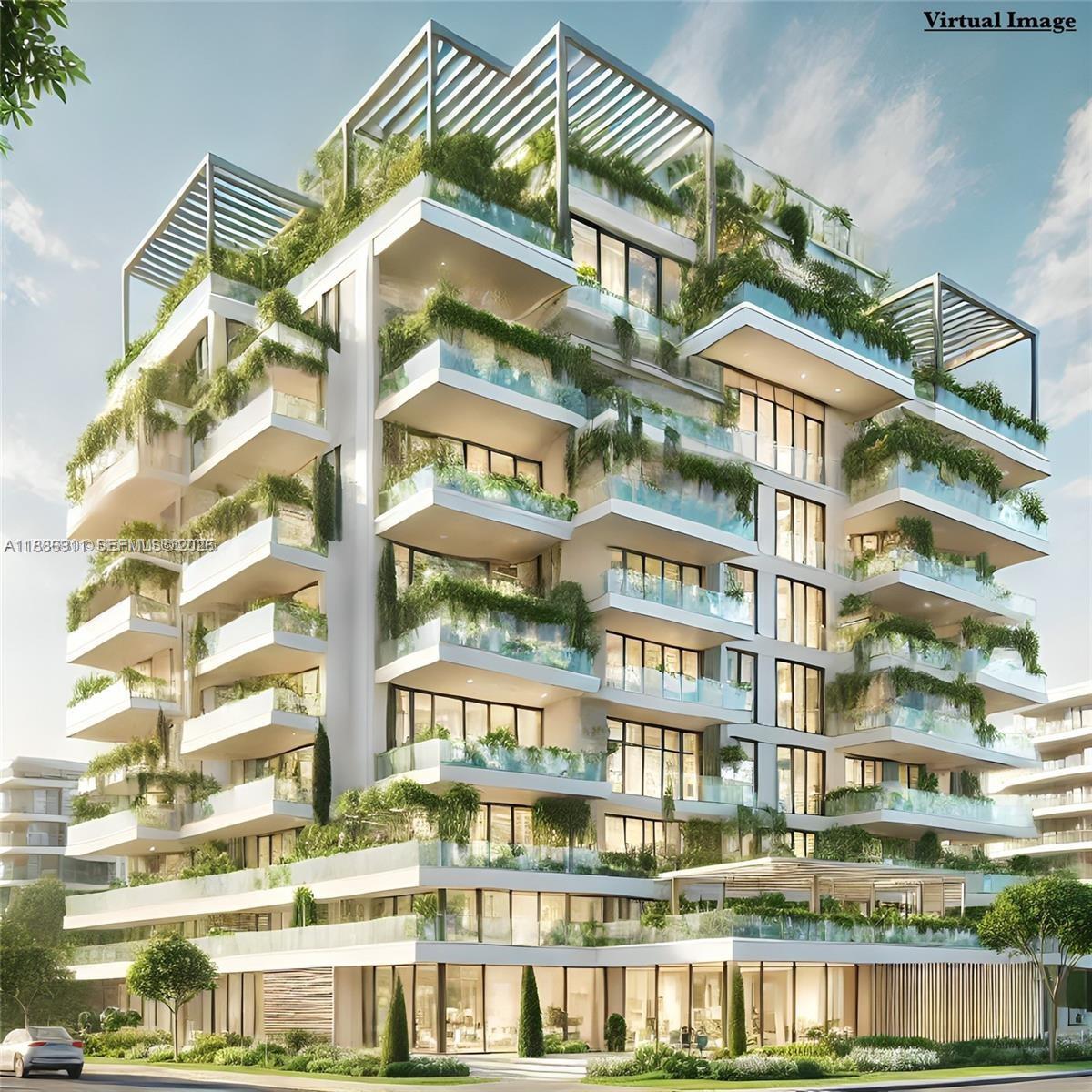 This is a rendering of a modern multi-story residential building featuring extensive balcony greenery — 8900 NW 25th Ave, Miami FL 33147, MIAMI, FL