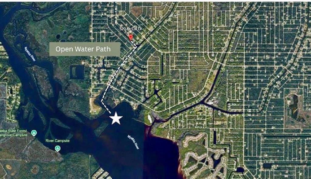 This map shows a property location with a highlighted path leading to the Myakka River — 520 MCDILL DRIVE, PORT CHARLOTTE, FL
