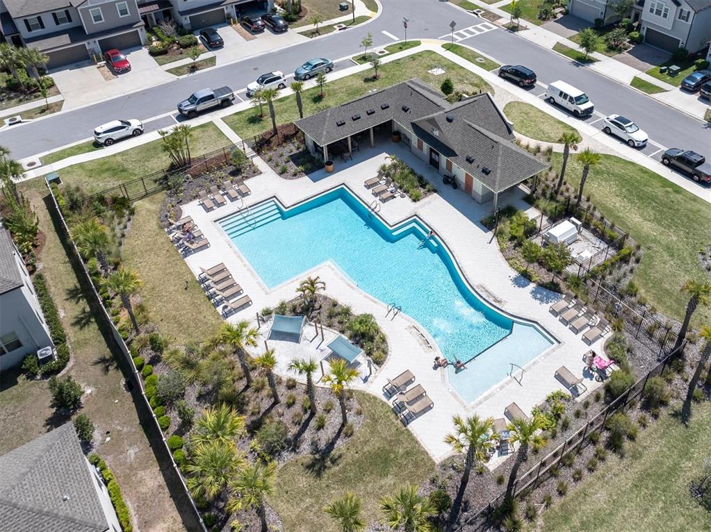 An aerial view shows a community swimming pool with lounge chairs and a clubhouse building — 8299 BIRCH HAVEN LANE, NEW PORT RICHEY, FL