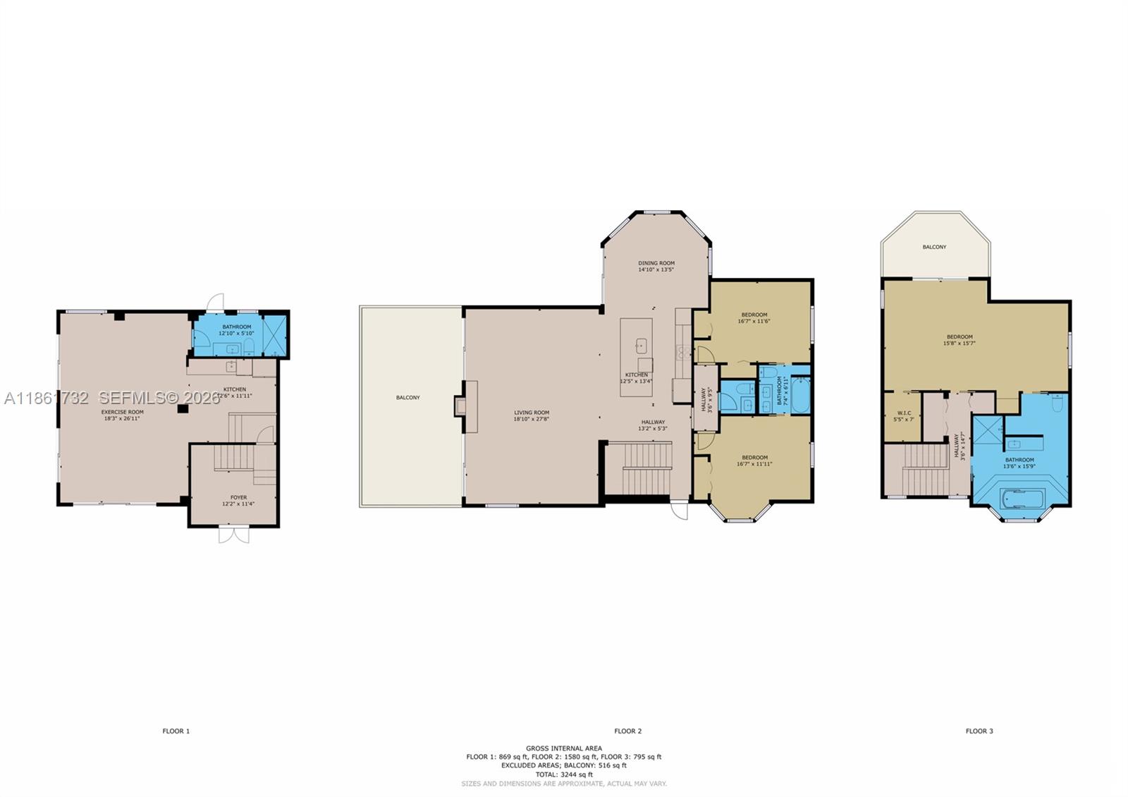 This is a three-level floor plan showing the layout of a residential property — 316 N Dr, Islamorada FL 33036, ISLAMORADA, FL