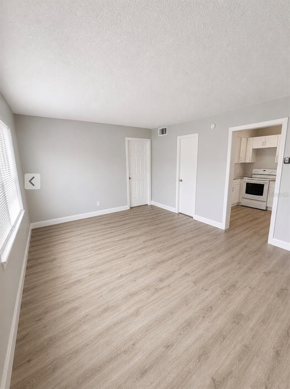 An empty room with light wood-look flooring, gray walls, and an open doorway to a kitchen — 1407 N BETTY LANE UNIT 4, CLEARWATER, FL