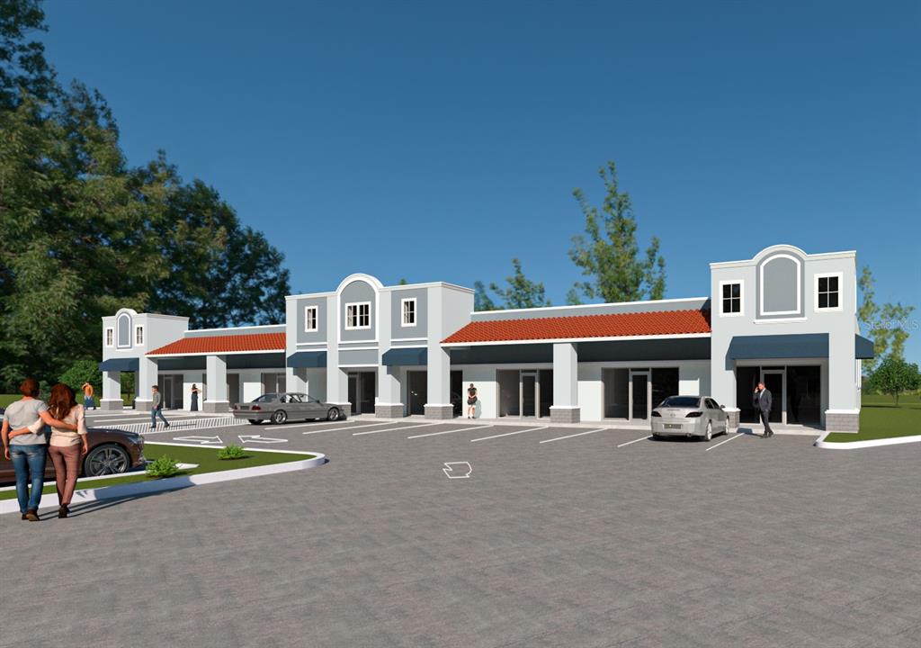 A digital rendering of a single-story commercial strip mall with a parking lot — 216 MARION OAKS BOULEVARD SW UNIT 8, OCALA, FL