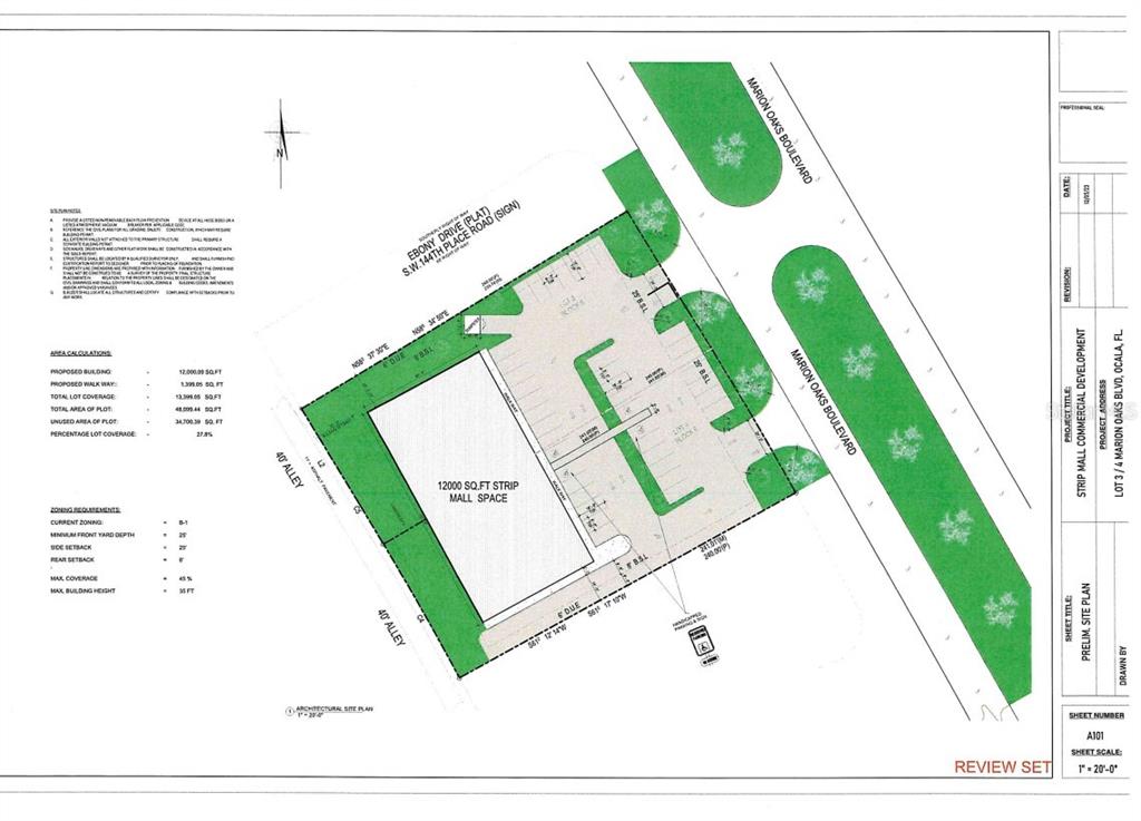 This is a site plan rendering for a proposed commercial strip mall development — 216 MARION OAKS BOULEVARD SW UNIT 8, OCALA, FL