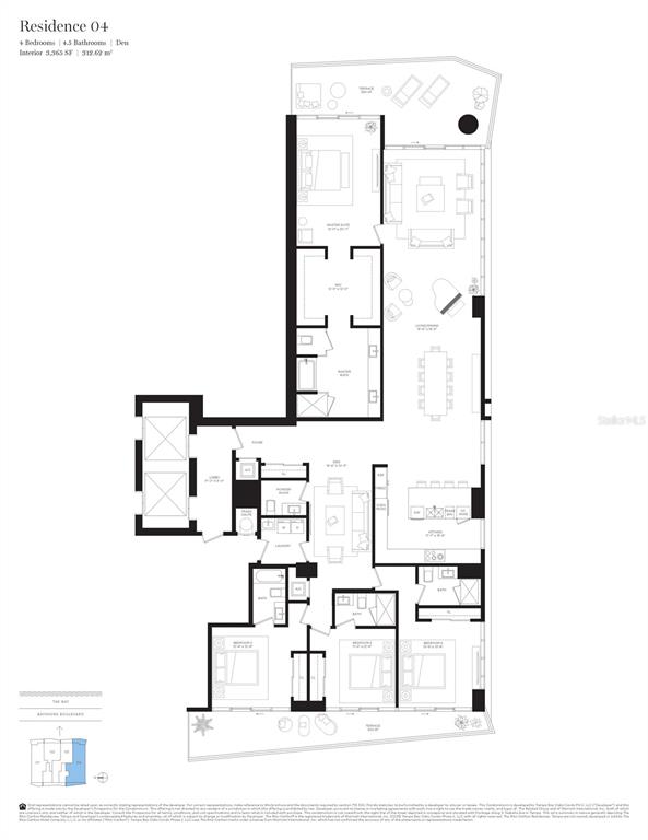 This is a floor plan for a four-bedroom residence with a den and multiple terraces — 3015 S YSABELLA AVENUE UNIT 904, TAMPA, FL