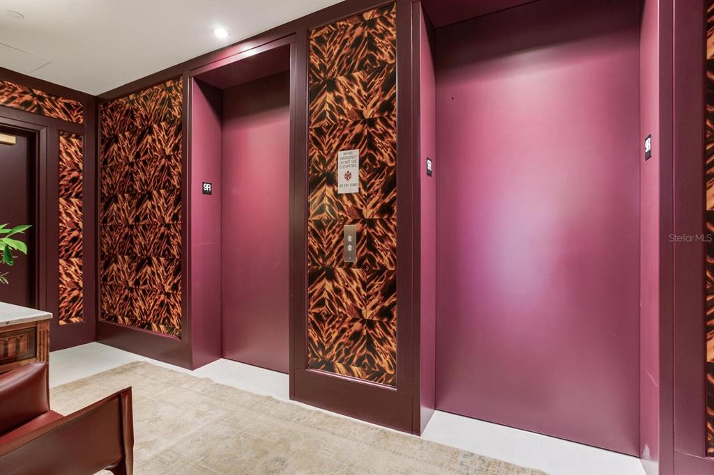 An elevator lobby features two magenta doors framed by dark wood and patterned wall panels — 3015 S YSABELLA AVENUE UNIT 904, TAMPA, FL