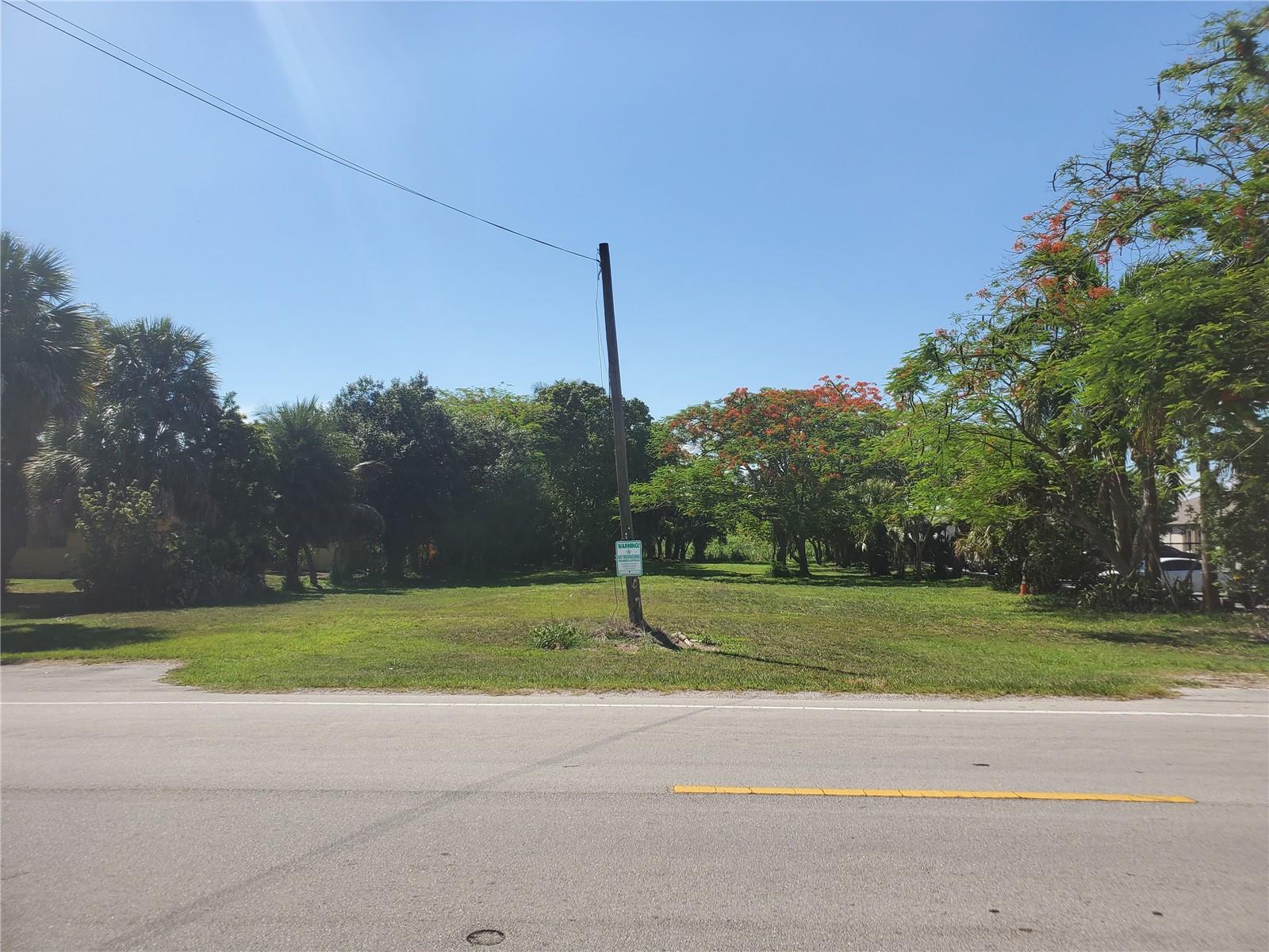 A utility pole stands in the center of a grassy, tree-lined vacant lot — 1697 E Main St, Pahokee FL 33476, PAHOKEE, FL