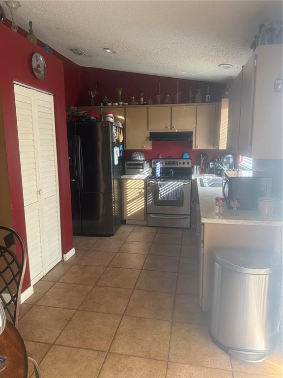 A kitchen features tan cabinets, stainless steel appliances, a black refrigerator, and red walls — 2507 MARTHA LANE, LAND O LAKES, FL