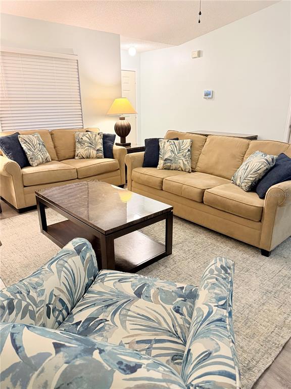 A living room features two tan sofas, a patterned armchair, and a dark wood coffee table — 344 49TH STREET W, PALMETTO, FL