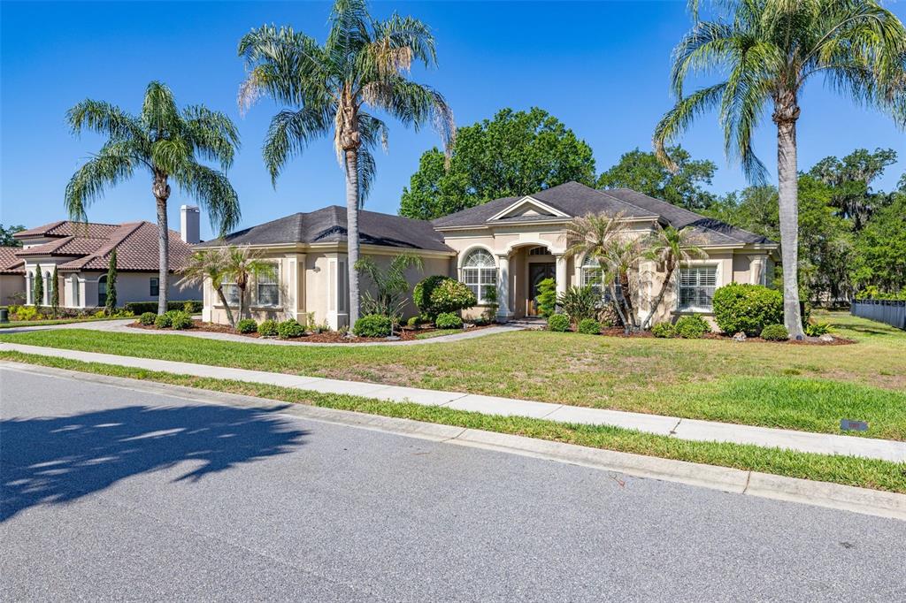 A single-story beige house with a dark roof and palm trees in the front yard — 6535 EAGLE RIDGE WAY, LAKELAND, FL