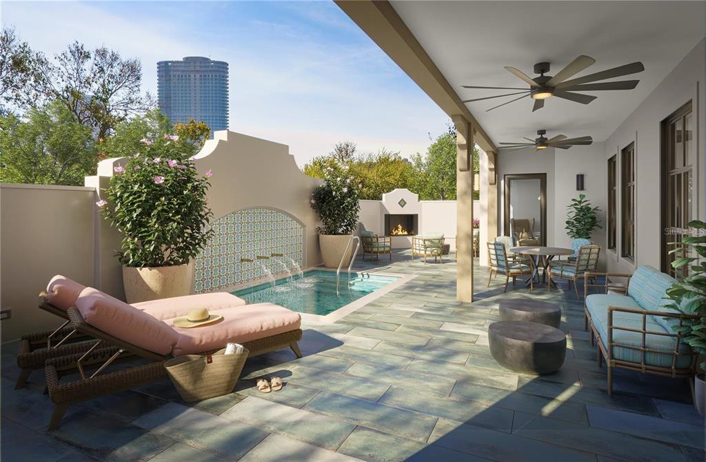 This is a rendering of a patio featuring a small pool, fireplace, and lounge furniture — 749 BURLINGTON AVENUE UNIT 300, ST PETERSBURG, FL
