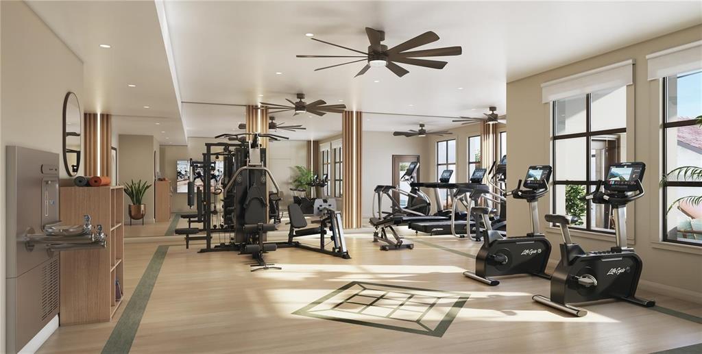 This rendering shows a modern fitness center with exercise equipment, ceiling fans, and large windows — 749 BURLINGTON AVENUE UNIT 300, ST PETERSBURG, FL