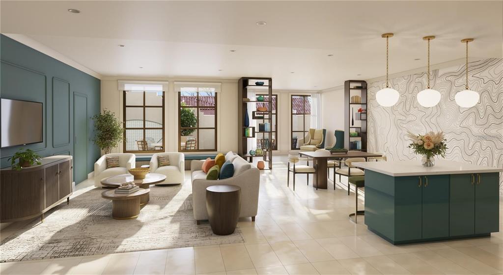 This rendering shows an open-concept living and dining area with a teal island and accent wall — 749 BURLINGTON AVENUE UNIT 300, ST PETERSBURG, FL