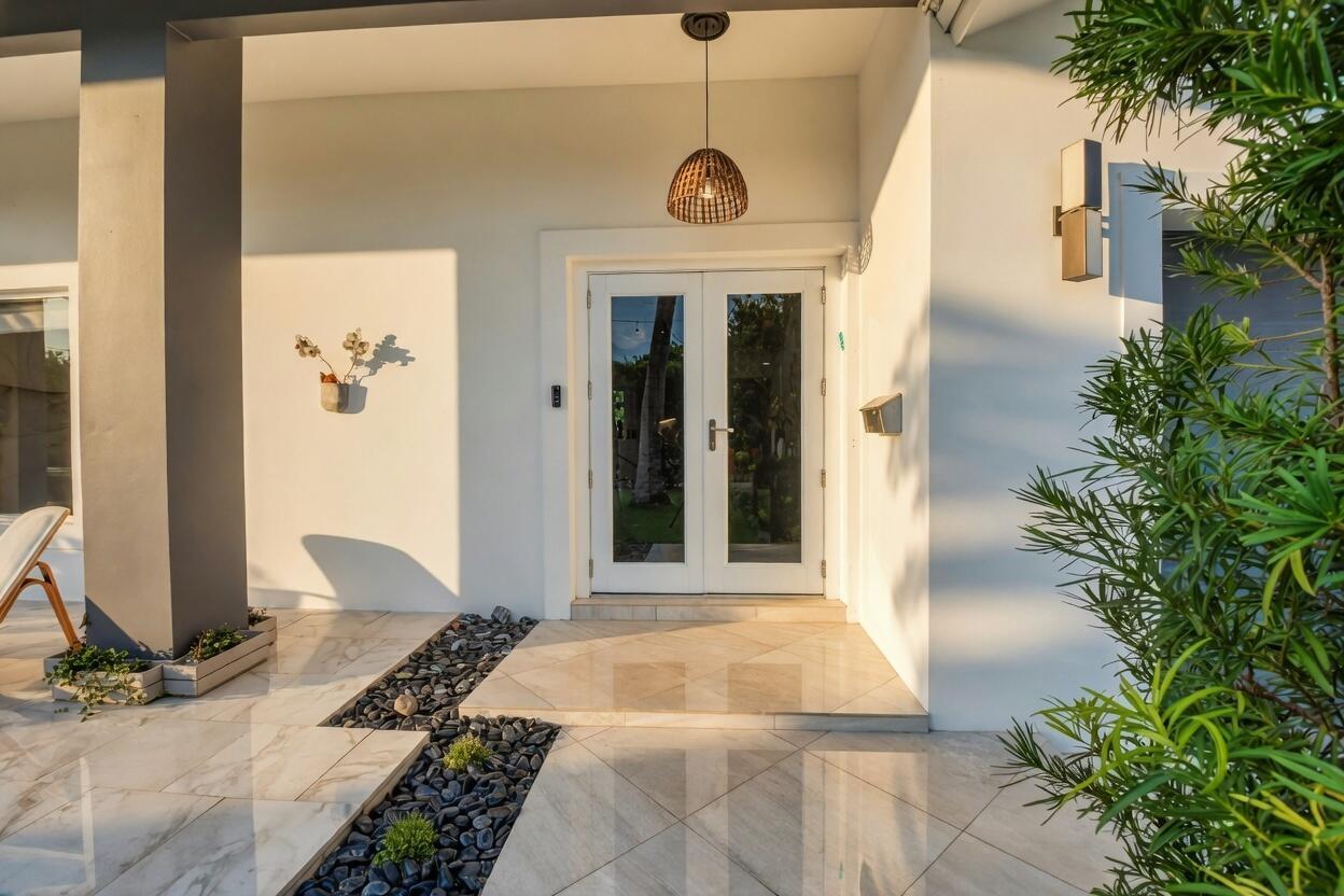 A modern home entrance features white double doors, a stone-tiled porch, and a pebble garden — 1044 NW 6th Drive, Boca Raton FL 33486, BOCA RATON, FL