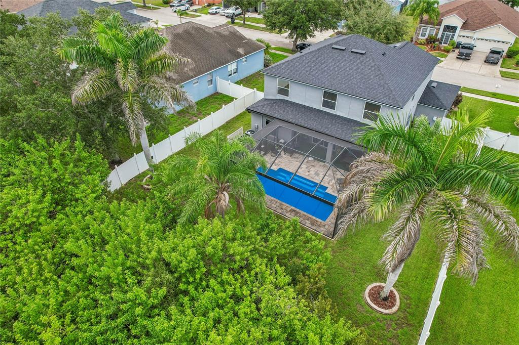 An aerial view of a two-story house with a screened-in pool and palm trees — 13231 GRAHAM YARDEN DRIVE, RIVERVIEW, FL