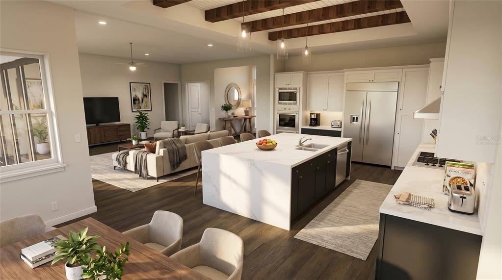 This rendering shows an open-concept kitchen and living area with a large marble-topped island — 142 TRANQUIL MIRROR LAKE COURT Lot 18, CLERMONT, FL