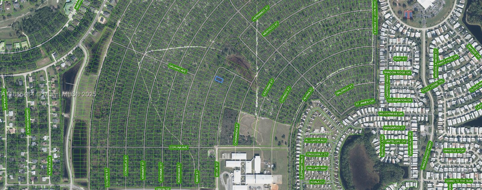This is an aerial map showing residential streets and undeveloped land in a suburban neighborhood — 4725 MAYA St, Sebring FL 33872, SEBRING, FL