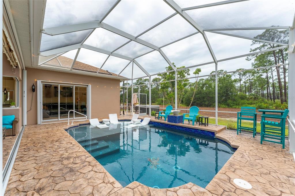 A screened-in patio features a swimming pool with a tanning ledge and outdoor furniture — 1009 CAMPBELL STREET, PORT CHARLOTTE, FL