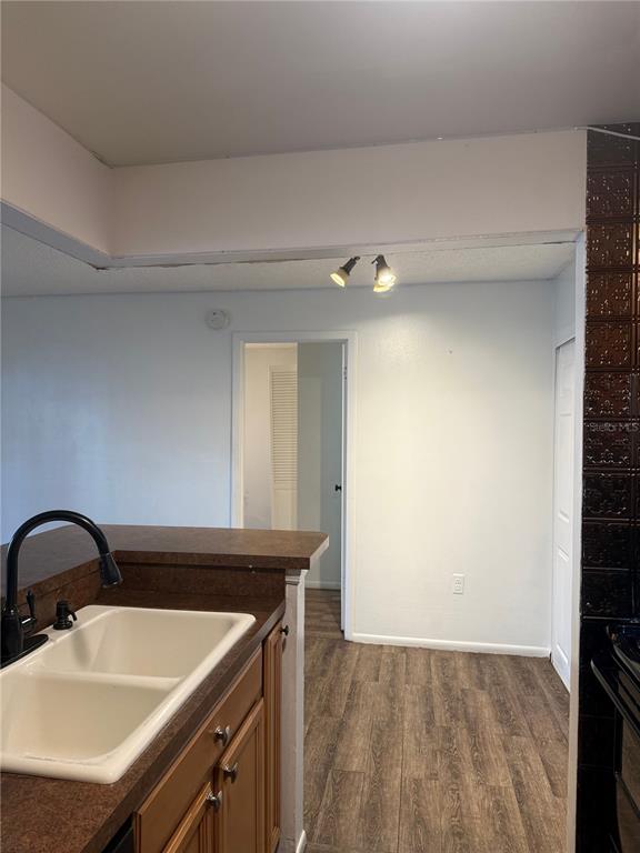 A kitchen sink and countertop overlook a hallway with light walls and wood-look flooring — 3827 BAY CLUB CIR UNIT 103, KISSIMMEE, FL