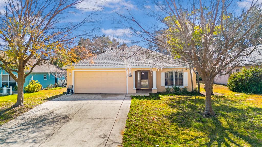 A single-story house with a beige exterior, a two-car garage, and a front lawn — 10314 PATRICK DRIVE, LEESBURG, FL
