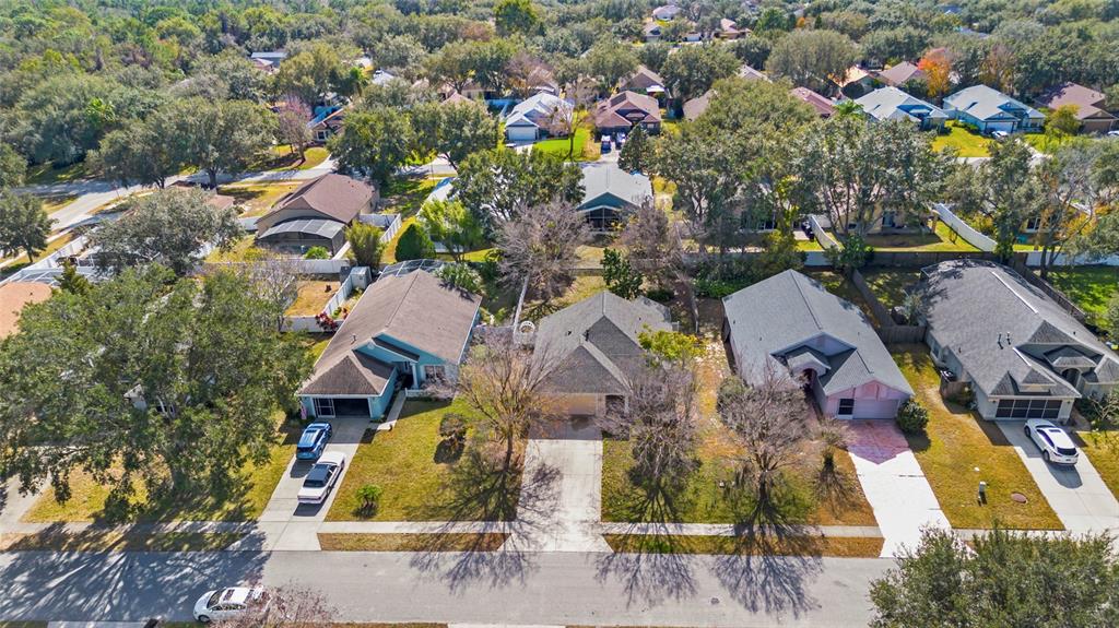 An aerial view shows a suburban street with several single-family homes and mature trees — 10314 PATRICK DRIVE, LEESBURG, FL