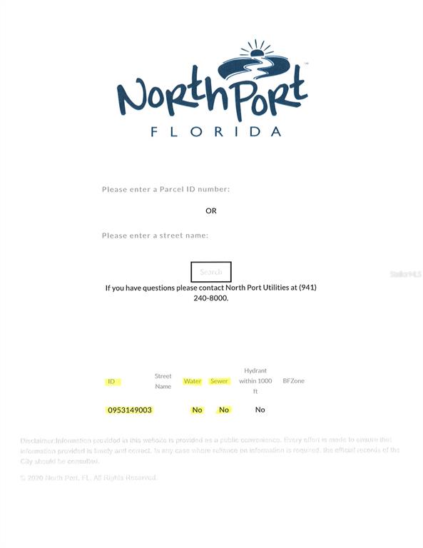 This is a screenshot of a North Port, Florida, utility information search webpage — Lot 3 GRAVELMANN ROAD, NORTH PORT, FL