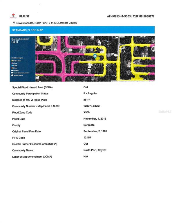 This is a flood map showing the property location and its designated flood zone status — Lot 3 GRAVELMANN ROAD, NORTH PORT, FL