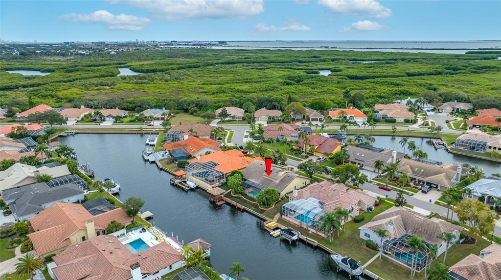 An aerial view shows a waterfront residential neighborhood with houses featuring pools and boat docks — 9807 COMPASS POINT WAY, TAMPA, FL