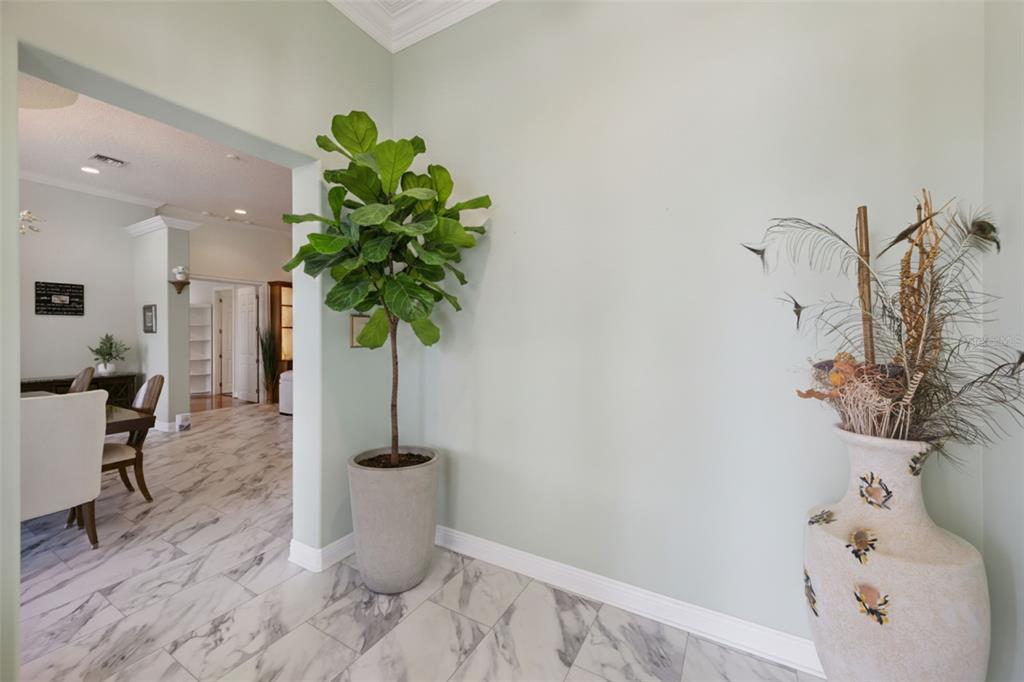 A light green entryway features a large potted fiddle leaf fig and a decorative vase — 12128 LAKESHORE DRIVE, CLERMONT, FL
