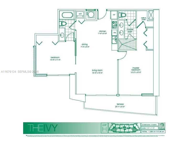 This is a floor plan for a two-bedroom, two-bathroom apartment unit with a terrace — 90 SW 3 ST # 3210, Miami FL 33130, MIAMI, FL