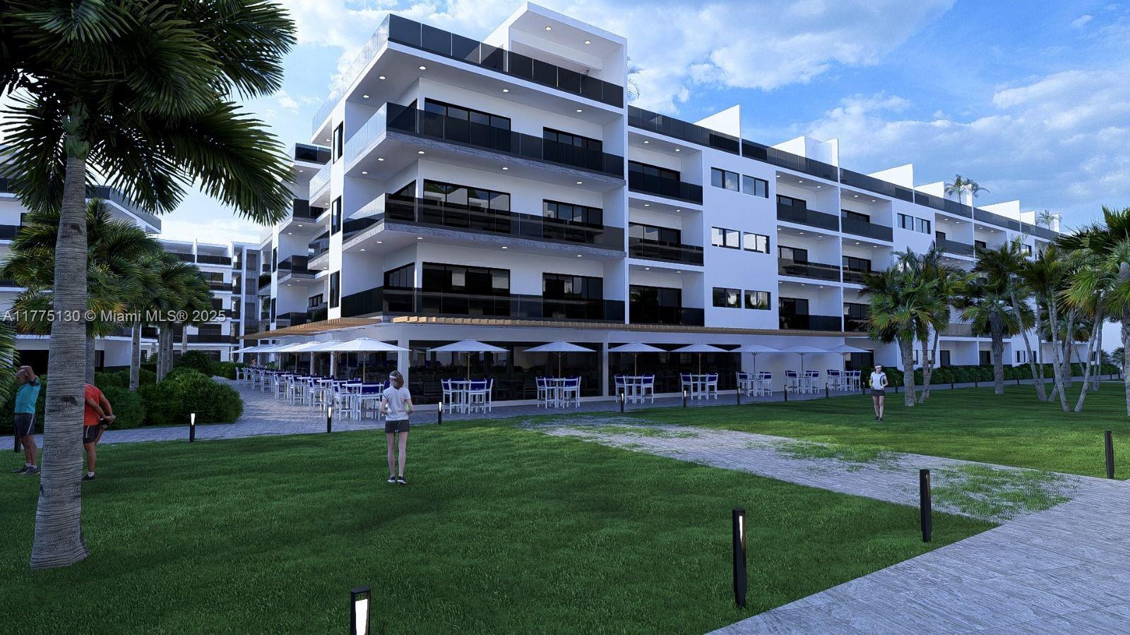 This is a digital rendering of a modern multi-story apartment building with outdoor patio seating — Carretera Uvero Alto Uvero Alto # 0, AG, AG