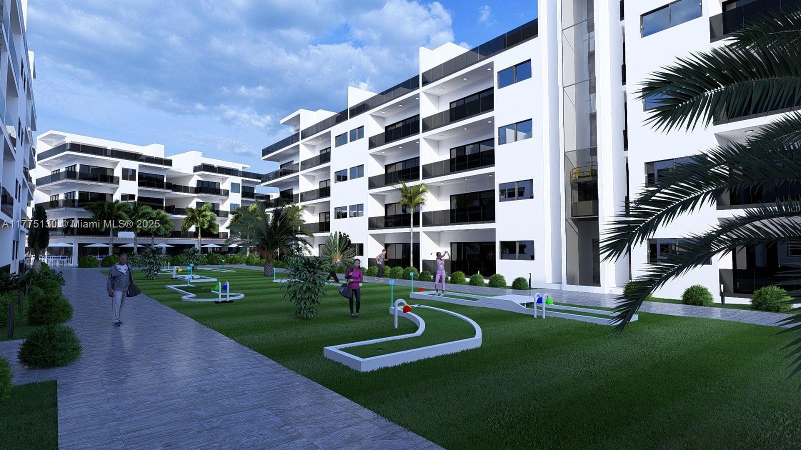 This is a digital rendering of a modern apartment complex with an outdoor putting green — Carretera Uvero Alto Uvero Alto # 0, AG, AG