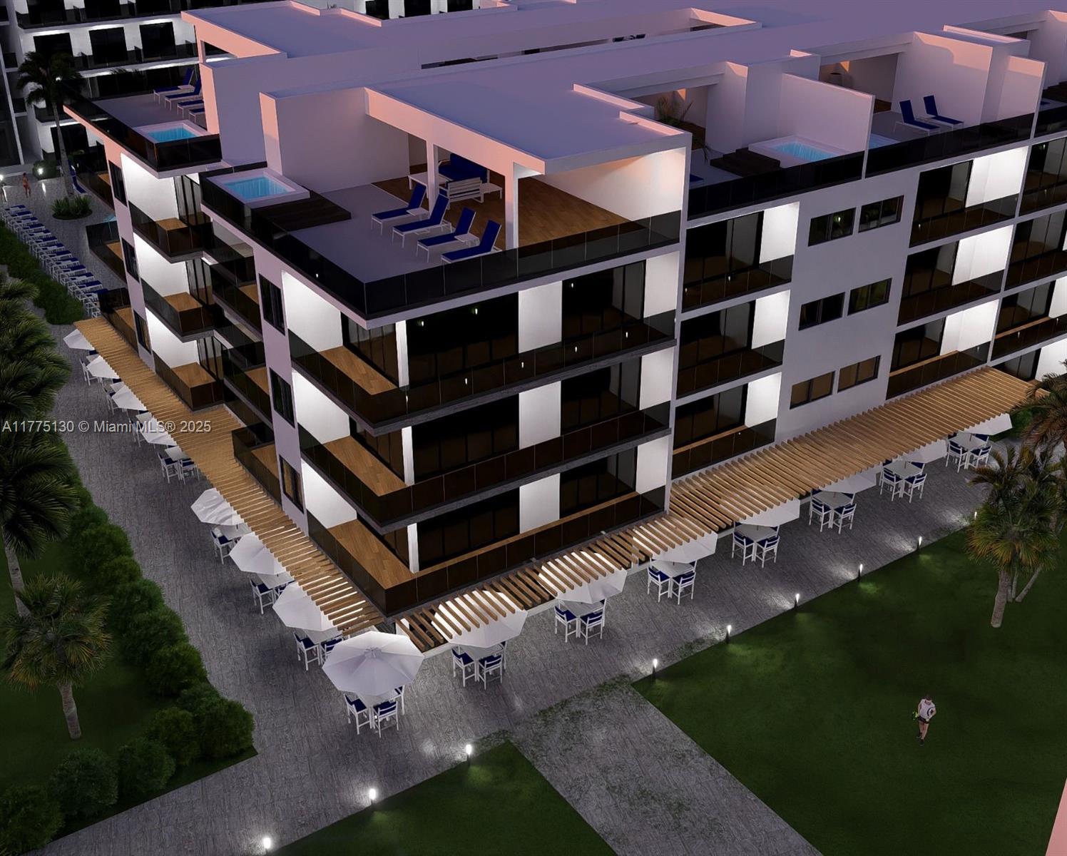 This architectural rendering shows a multi-story apartment building with rooftop terraces and ground-level patio seating — Carretera Uvero Alto Uvero Alto # 0, AG, AG