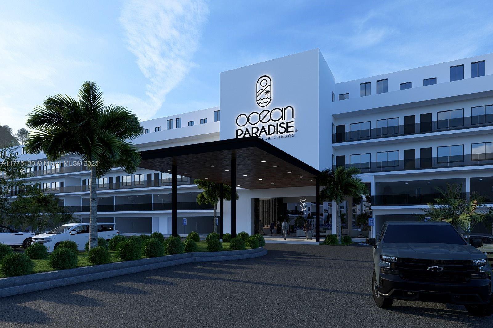 This is a rendering of the exterior entrance to the Ocean Paradise Beach Condos — Carretera Uvero Alto Uvero Alto # 0, AG, AG