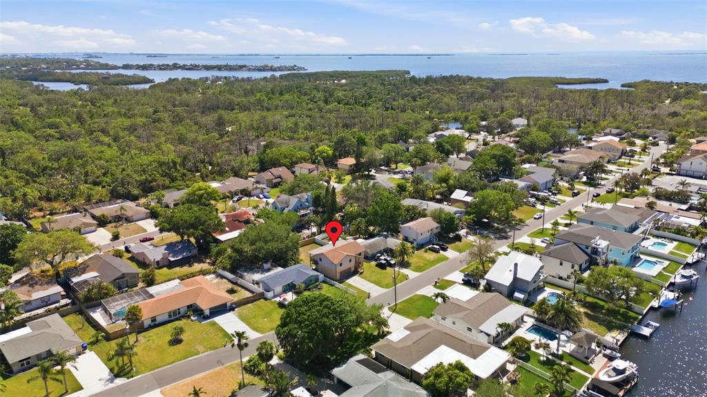 An aerial view shows a suburban neighborhood with houses, trees, and a nearby waterway — 334 CROSSWINDS DRIVE, PALM HARBOR, FL