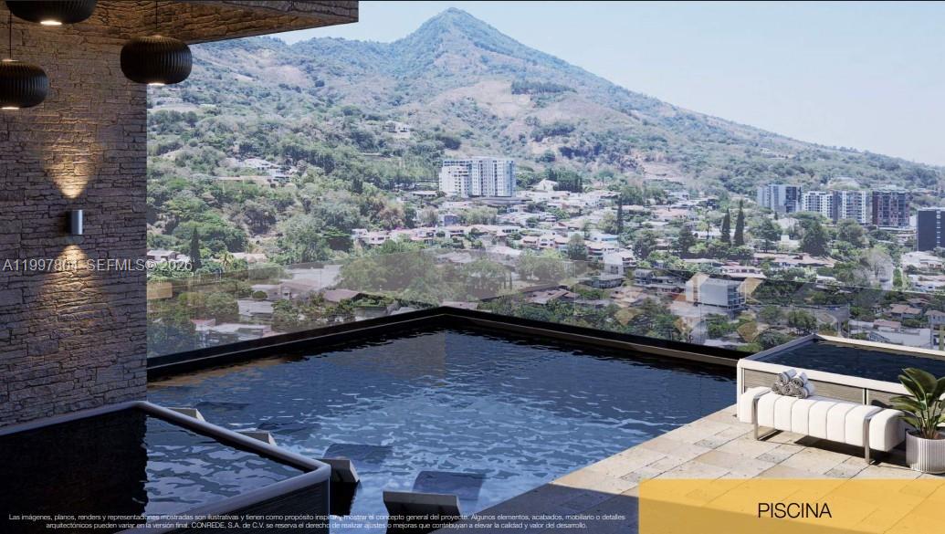 This architectural rendering shows a balcony with a private infinity pool overlooking a mountain landscape — Paseo General Escalón y 105 Avenida Norte, FL, FL