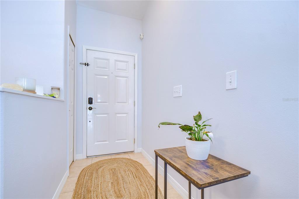An entryway features a white door, a wooden console table with a plant, and tile flooring — 30847 BRIDGEGATE DRIVE, WESLEY CHAPEL, FL